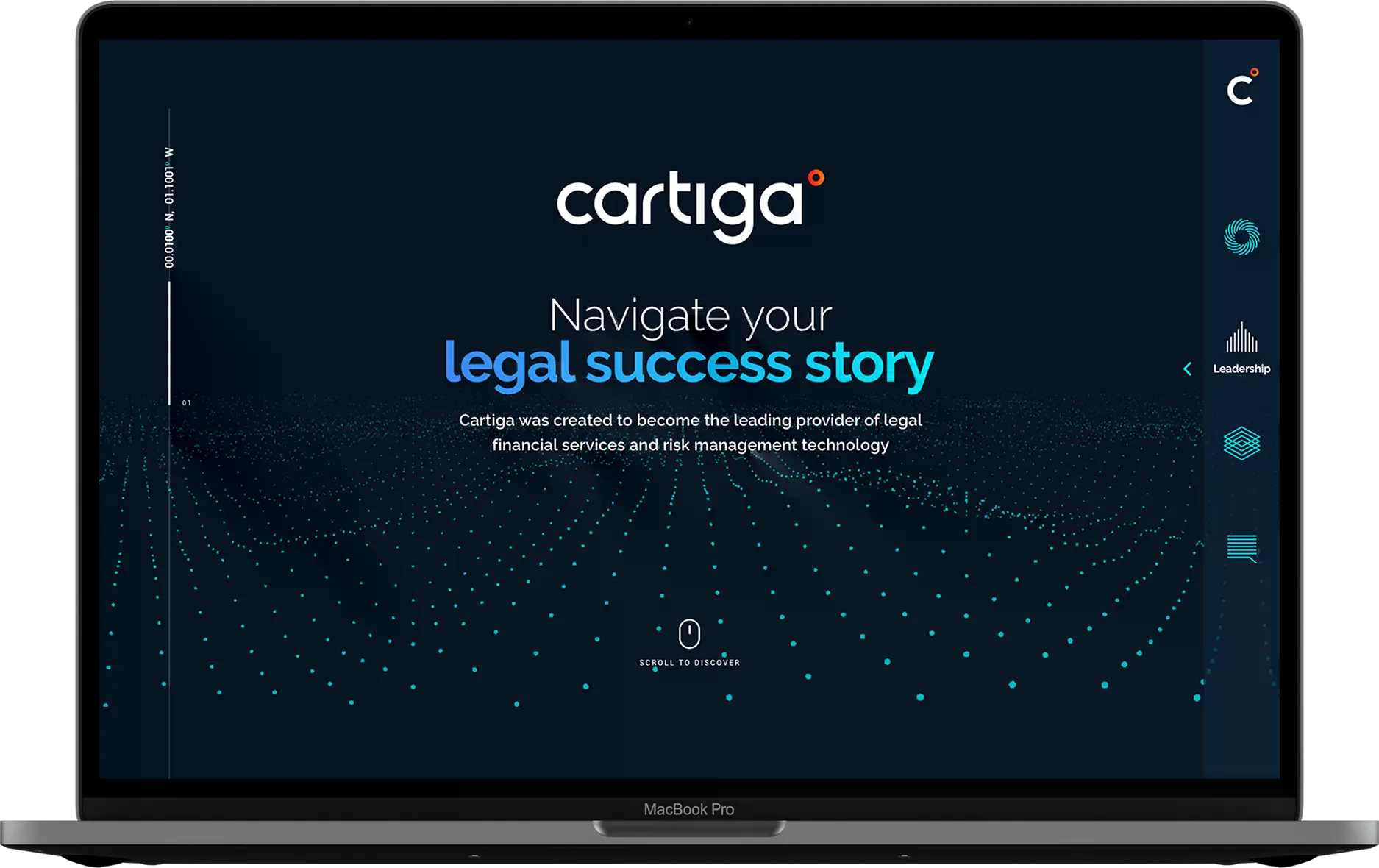 Cartiga - MacBook a: MacBook displaying the website design for Cartiga, a legal funding company for law firms, showcasing a modern and user-friendly interface