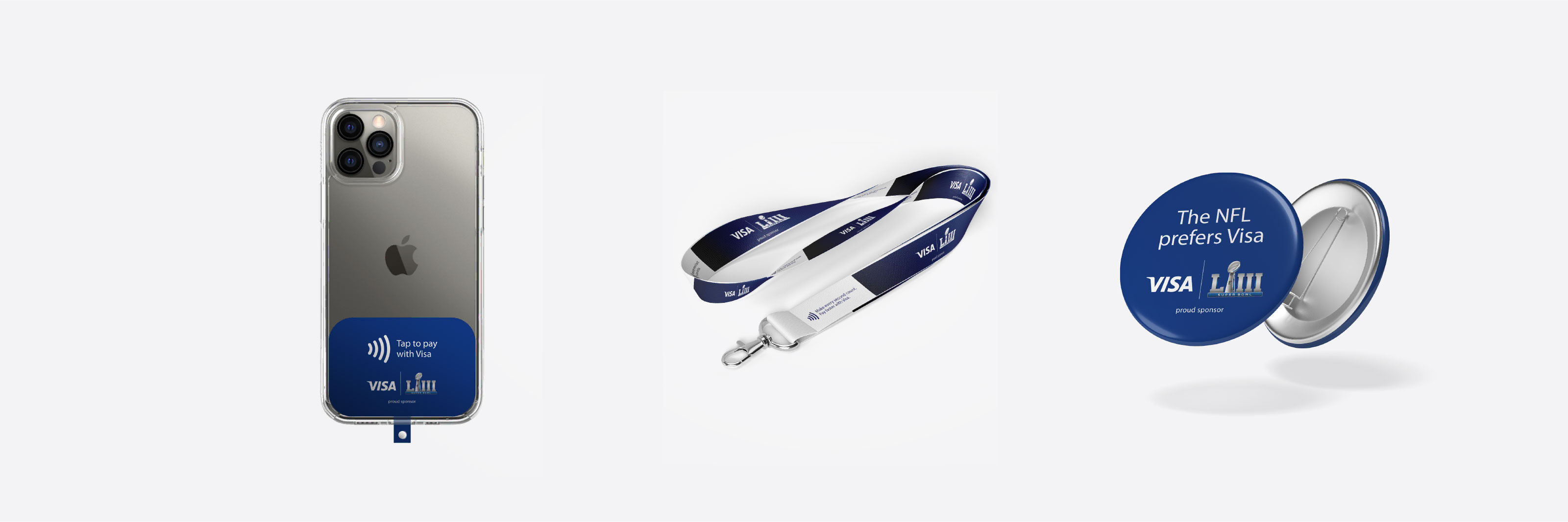 Visa Super Bowl merchandise featuring a mobile tap-to-pay option, strap designs, and a pin design, highlighting Visa's branding at the event.