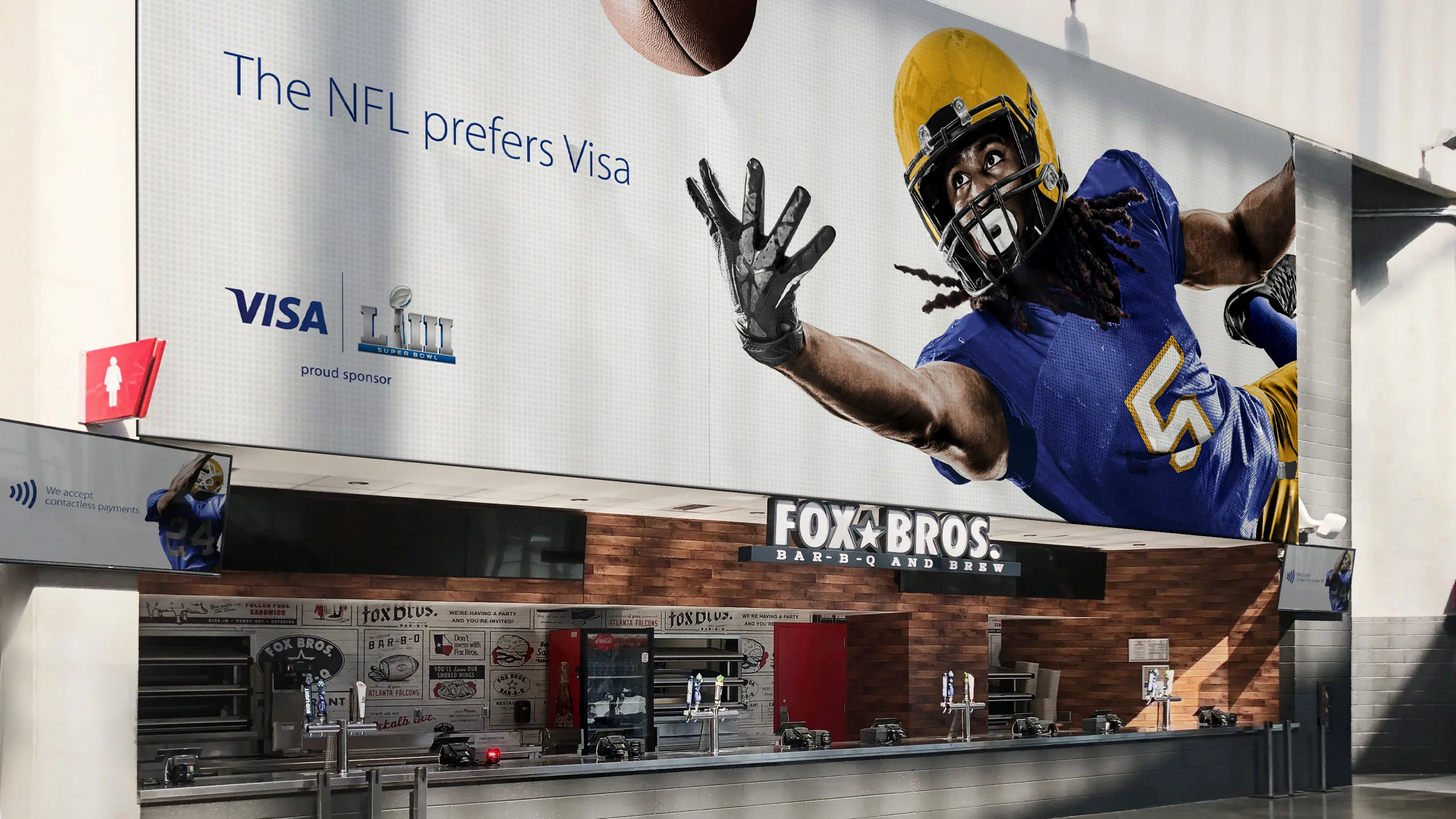 Visa Superbowl - WallDesign of the Super Bowl wall at Mercedes Benz Stadium, featuring Visa branding as the official sponsor, showcasing vibrant graphics and LED elements.