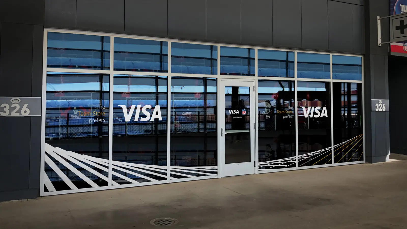 Visa Metlife - Top Wall Render featuring the Visa logo, highlighting Visa as a proud sponsor.