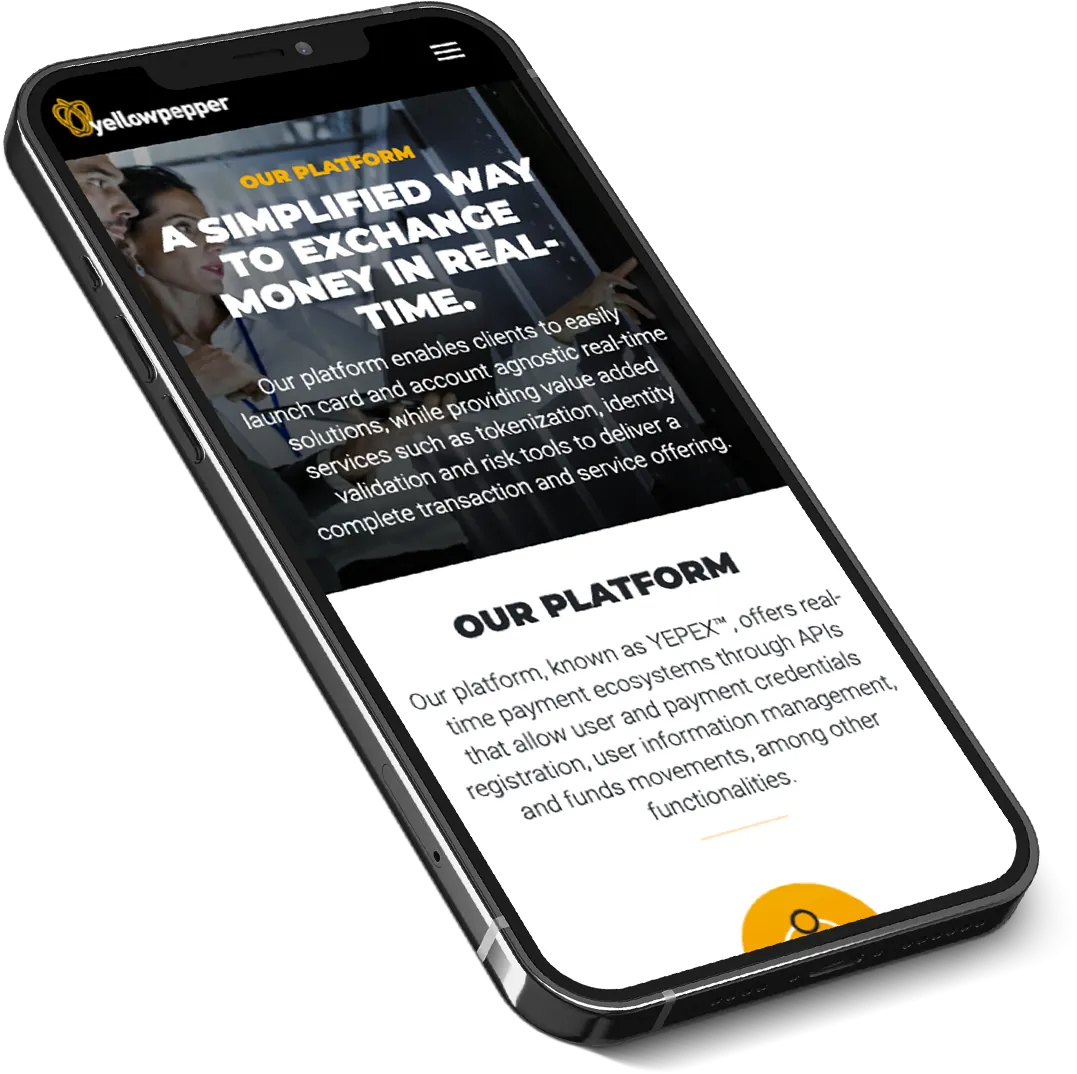 YellowPepper mobile site, displaying its interface and features on mobile devices