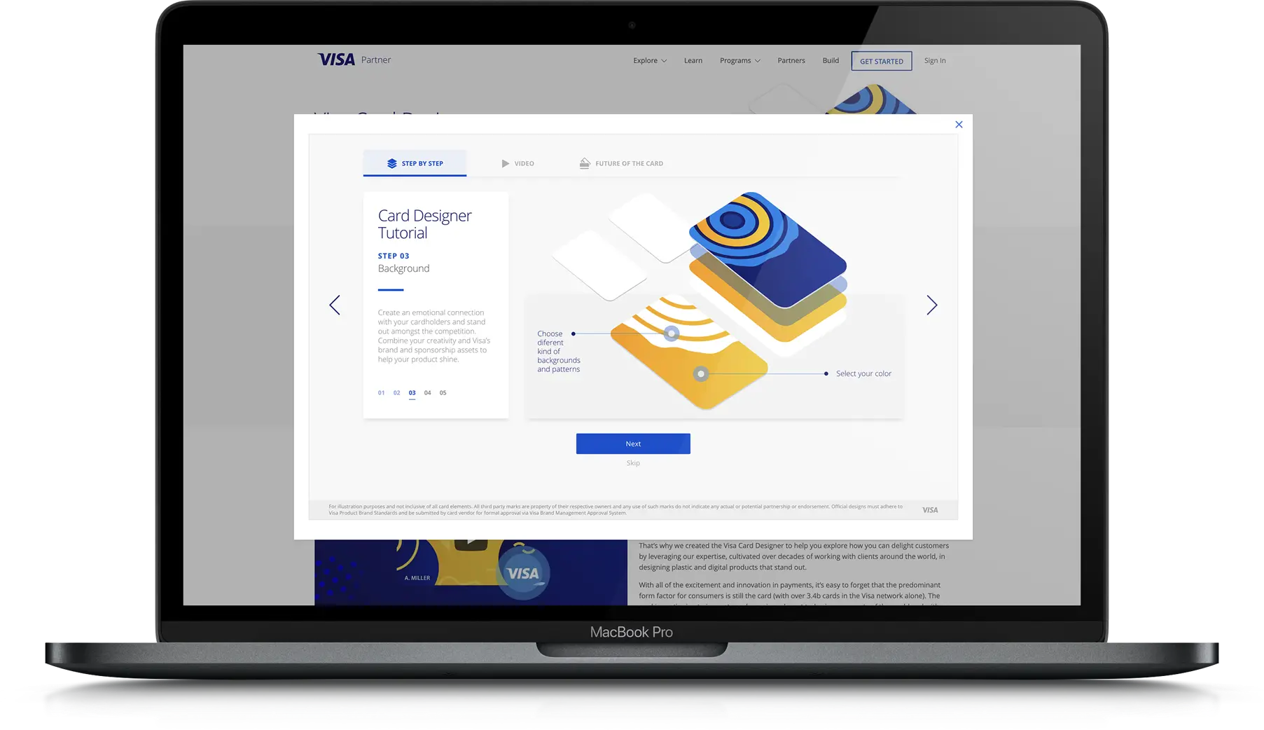 Visa Card Designer - Brochure showcasing an image of a card design tutorial displayed on a laptop.
