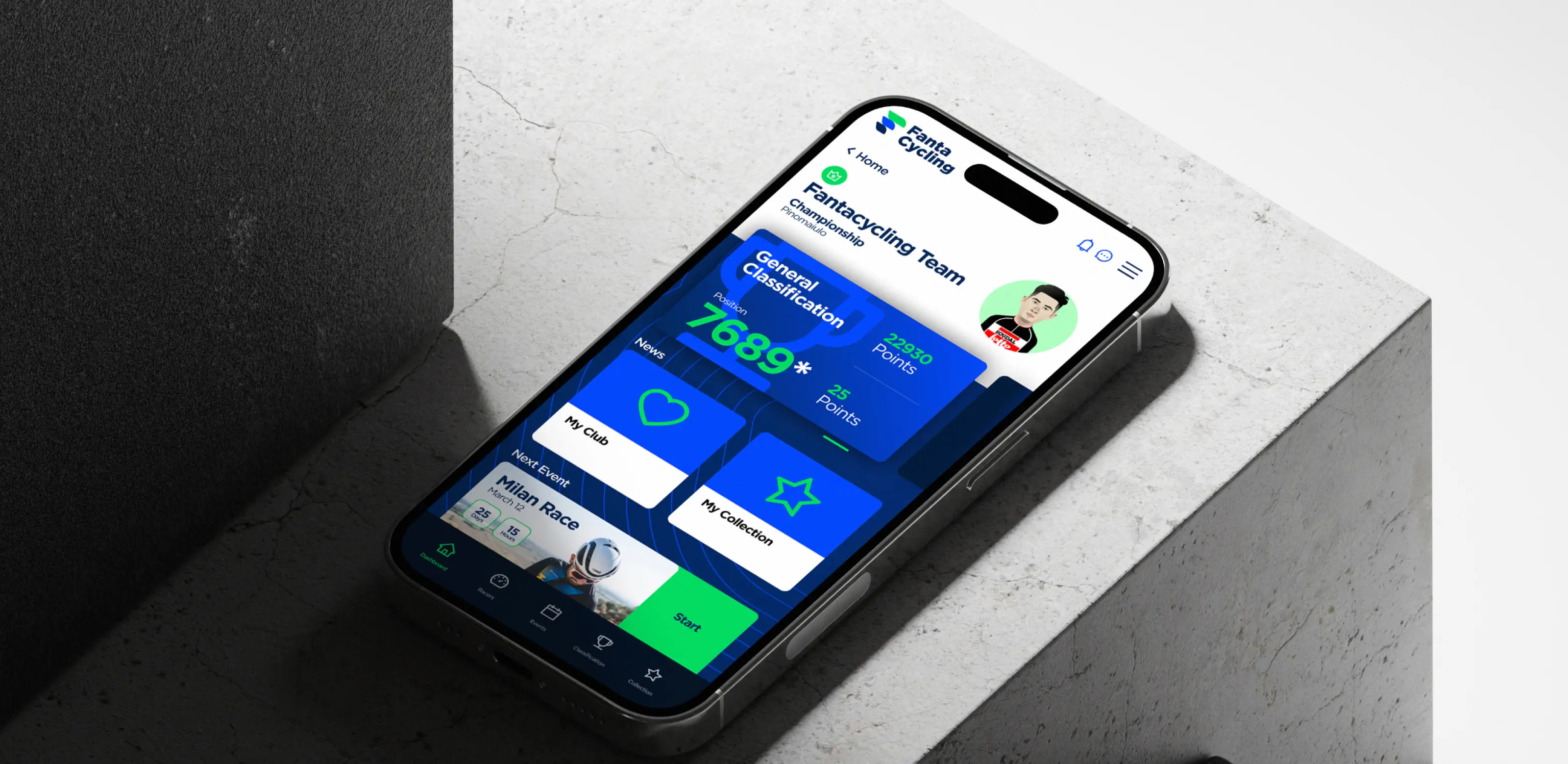 Phone displaying Fantacycling homepage