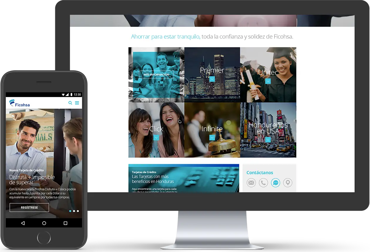 Ficohsa displayed on mobile, laptop, and desktop PC devices, showcasing a user-friendly interface.