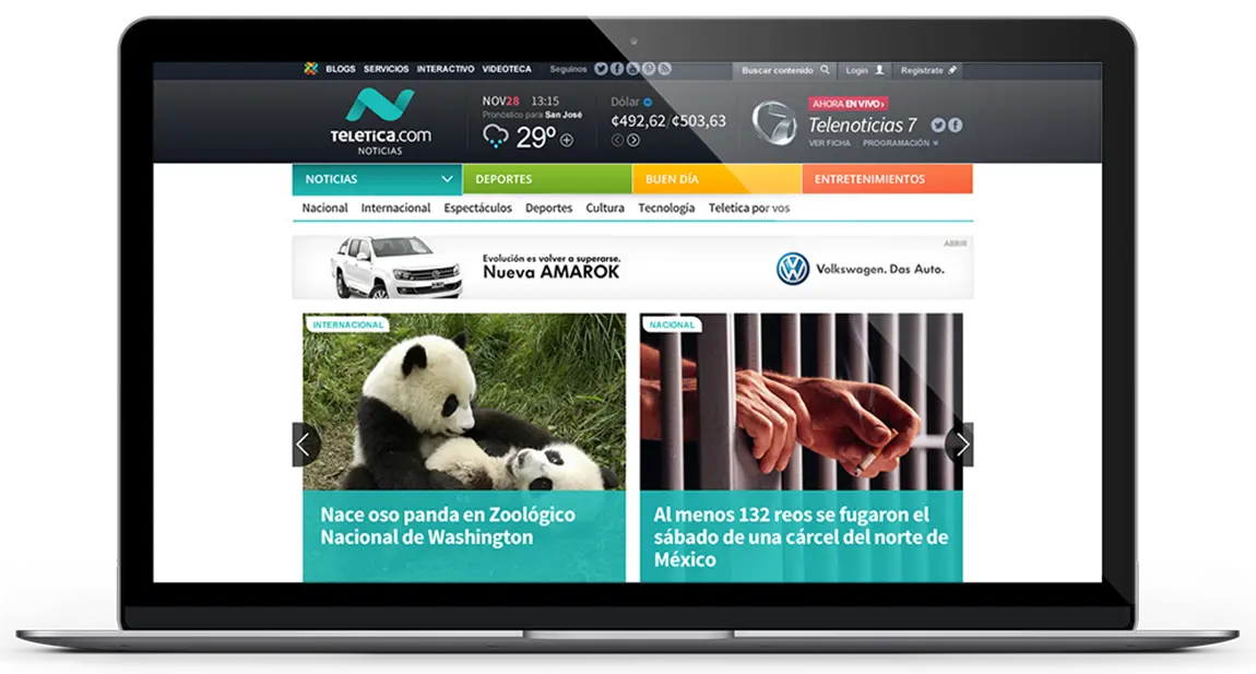 Teletica site, displaying its interface and features on laptop device
