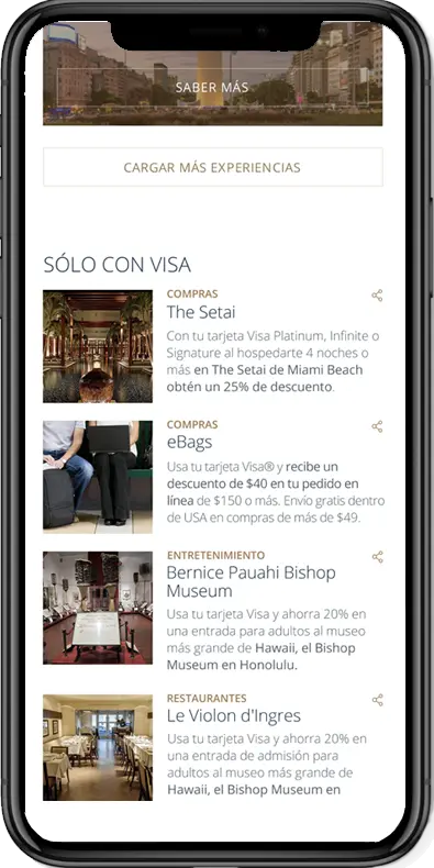 Cellphone displaying a list of benefits for shopping, dining, and entertainment.