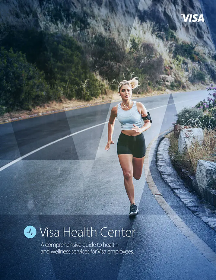 Visa Health Center - Brochure Wellness services: a girl running on the street.