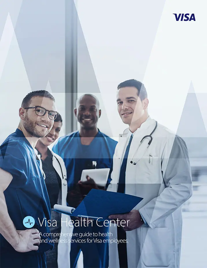 Visa Health Center - Brochure: A group of doctors in profile facing the camera.