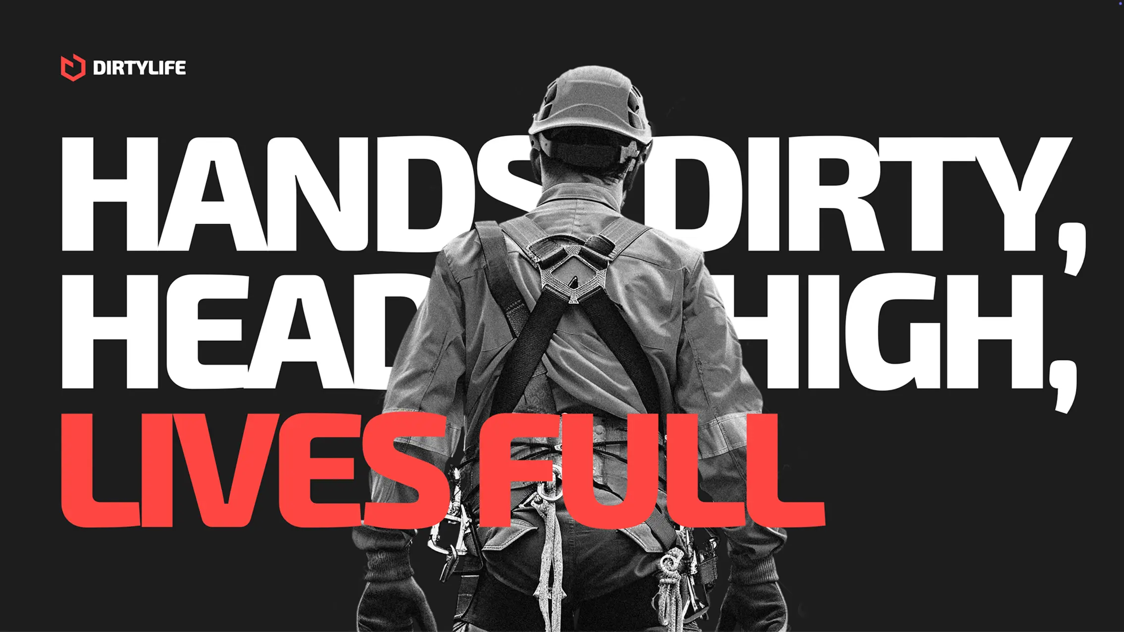 Dirtylife banner with a person with their back turned, wearing work clothes