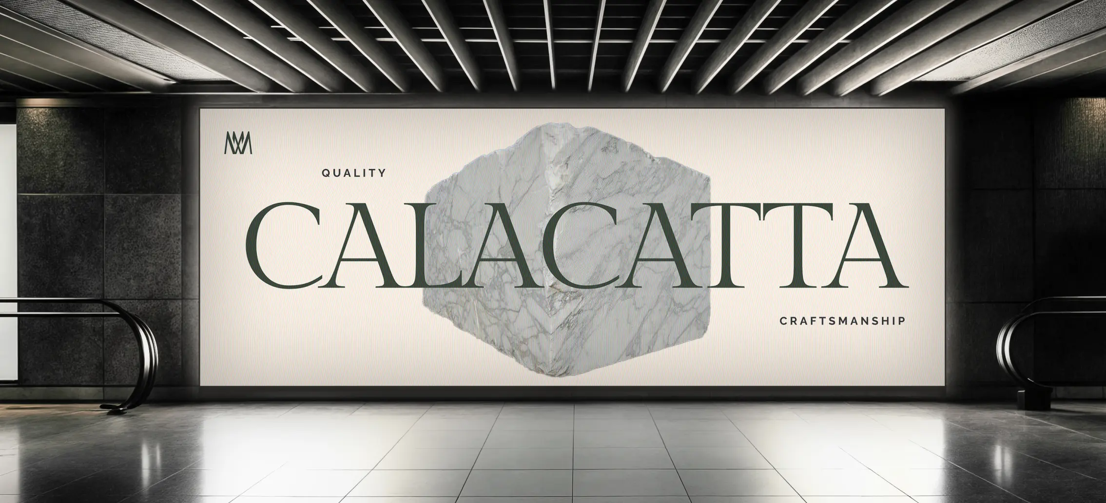 MegaMarble Calacatta marble sample banner on display